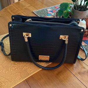 Bebe black croc handbag with gold metal trim crossbody long adjustable strap